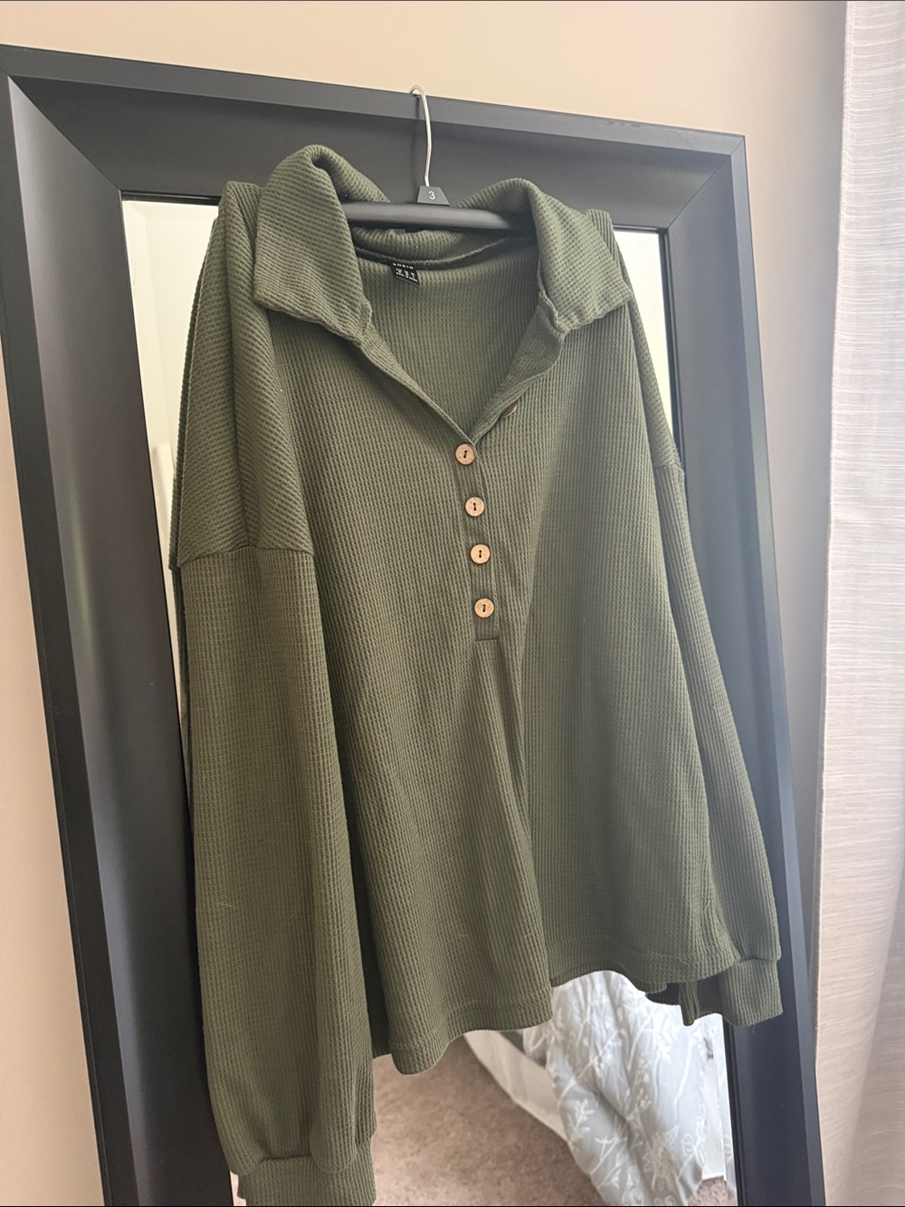 SHEIN Olive Green Waffle Henley Pullover with Button Placket